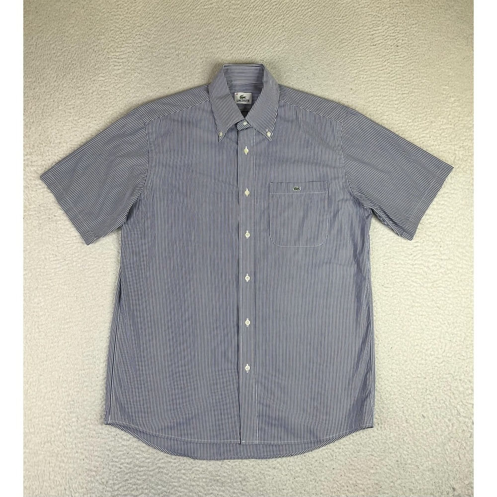 Lacoste Shirt Mens 40 Medium Blue Striped Short Sleeve Button Up Cotton Pocket